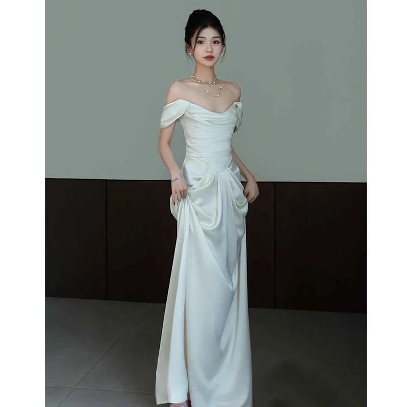 Abito da sposa monospalla in raso vintage, stile foresta, per fidanzamento, da donna, per fotografia di viaggio, abito da sposa per matrimoni all'aperto
