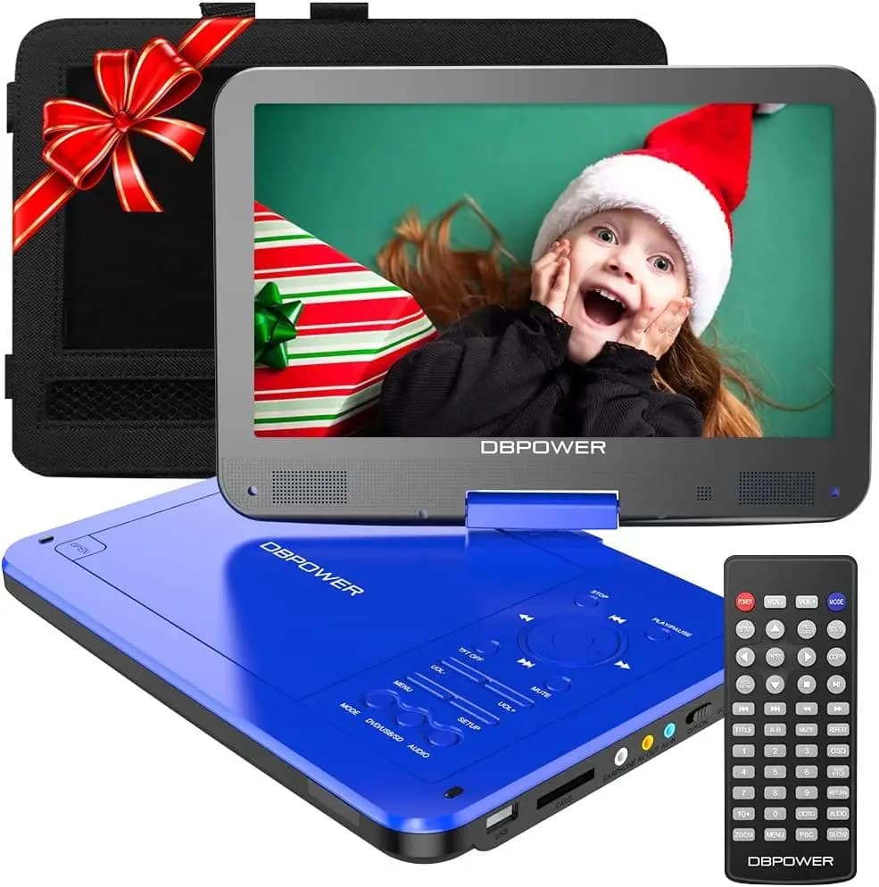 Lettore DVD Portatile da 12 Pollici con Batteria Ricaricabile da 5 Ore, Schermo Girevole da 10 Pollici, Porta SD / USB, con Caricabatterie per Auto da 1,8 Metri