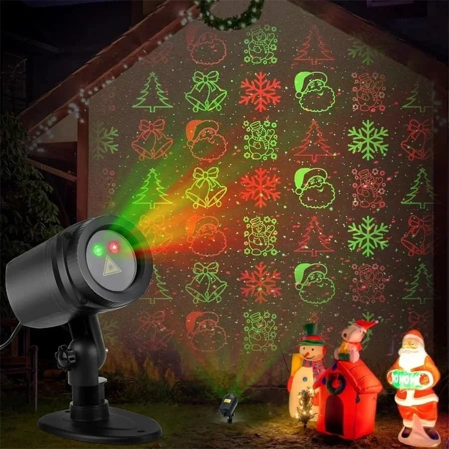 Proiettore Laser Rosso e Verde con Telecomando, 12 Motivi, Luci Natalizie per Esterni, Illuminazione per Feste e Decorazioni da Giardino