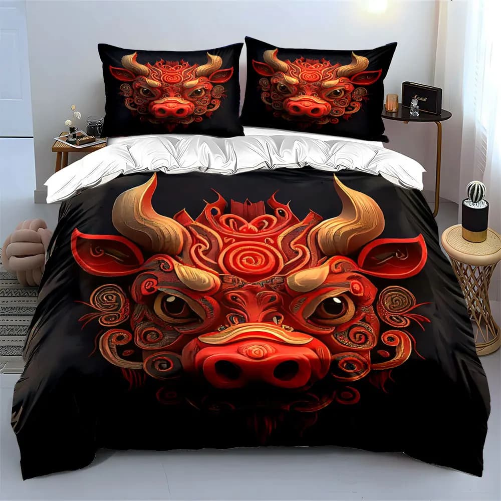 Set di biancheria da letto con decorazioni a tema maschera di bue cinese, con 1 copripiumino e 2 federe, disponibile nelle misure singolo, matrimoniale, king e queen, idea regalo.