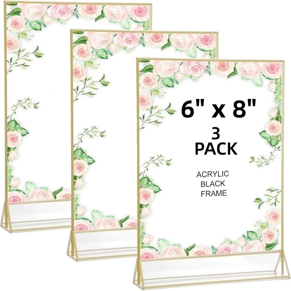 Confezione da 3 Porta-Cartelli in Acrilico 6x8 Bifacciale, Cornice Dorata Trasparente per Menu, Numeri da Tavolo per Matrimoni, Porta Volantini