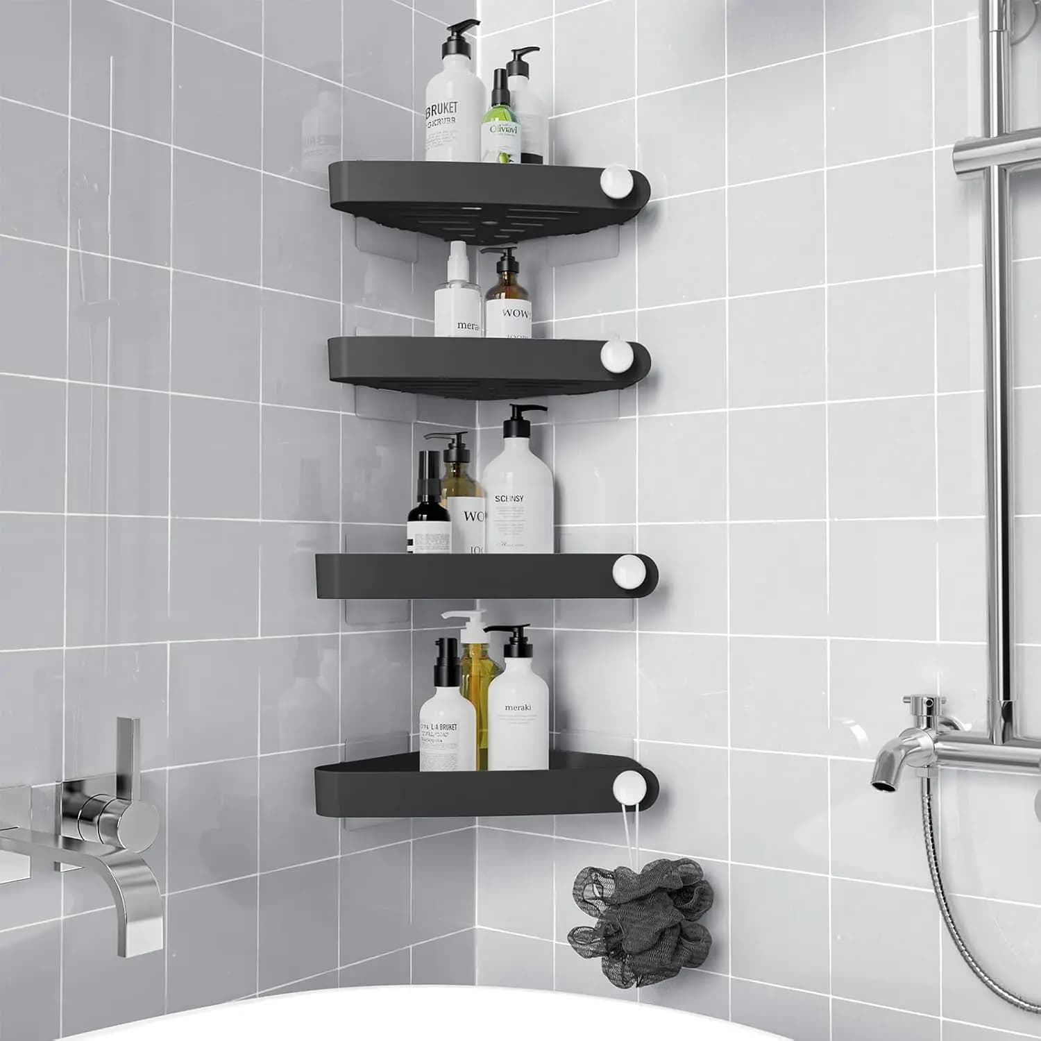 Mensole da doccia angolari moderne nere, adesivi in plastica antiruggine, organizer da bagno, portaoggetti, accessori per caddy