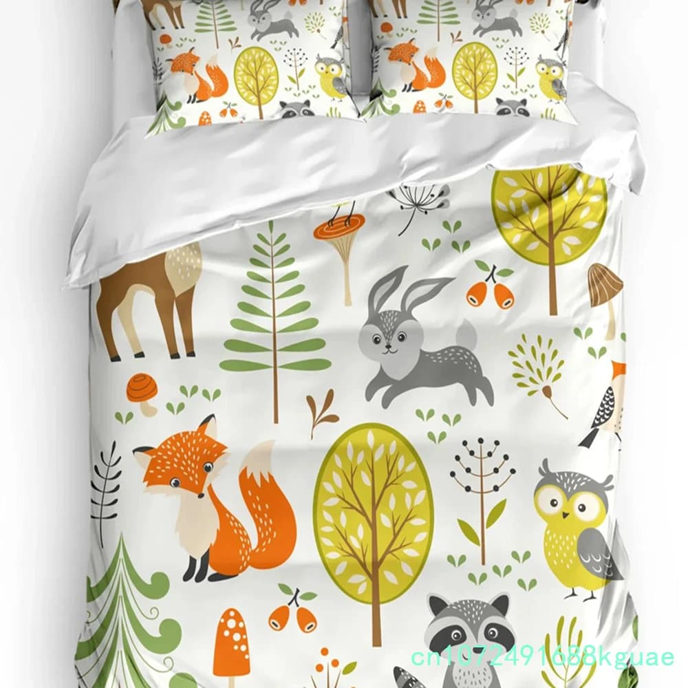 Forest Cartoon Animals World Fox Bunny Owl Bedding Set 3pcs Duvet Cover Pillowcase Quilt Cover Double Bed Set Home Textile