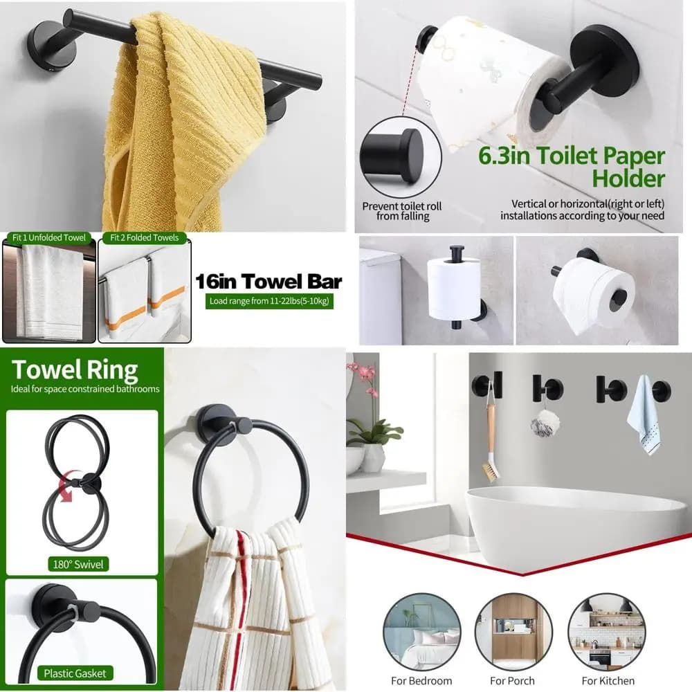 Set Completo di 20 Accessori per Bagno in Nero Opaco con Portasciugamani, Portarotolo, Anelli Portasciugamani e Ganci Appendiabiti