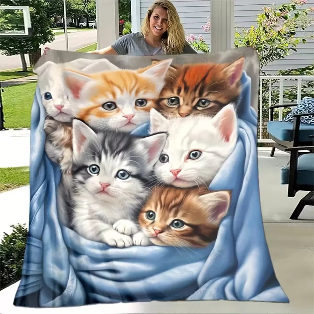 1 pezzo di coperta nera con gatto adorabile stampato per la decorazione della camera da letto del soggiorno della casa, regalo di compleanno di Capodanno, regalo di Natale