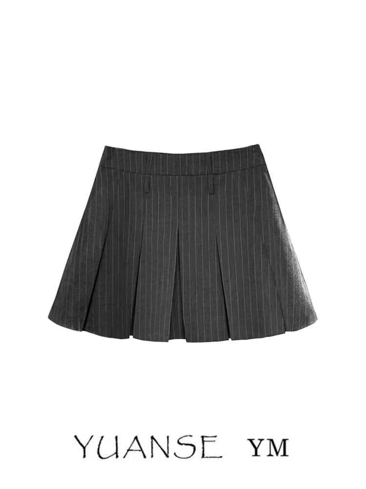 Miu Style College Preppy Stripe Short A-Line Pleated Skirt Summer Slimming High-Rise Skirt Versatile Half-Length Skirt