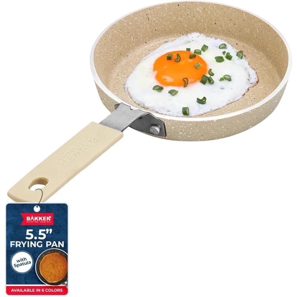 2-Piece Non-Stick Mini Egg Pan Set with Spatula Cool-Touch Handle Heat Resistant to 400F White Marble Frying Pan for Gas Electric Ceramic Cooktops