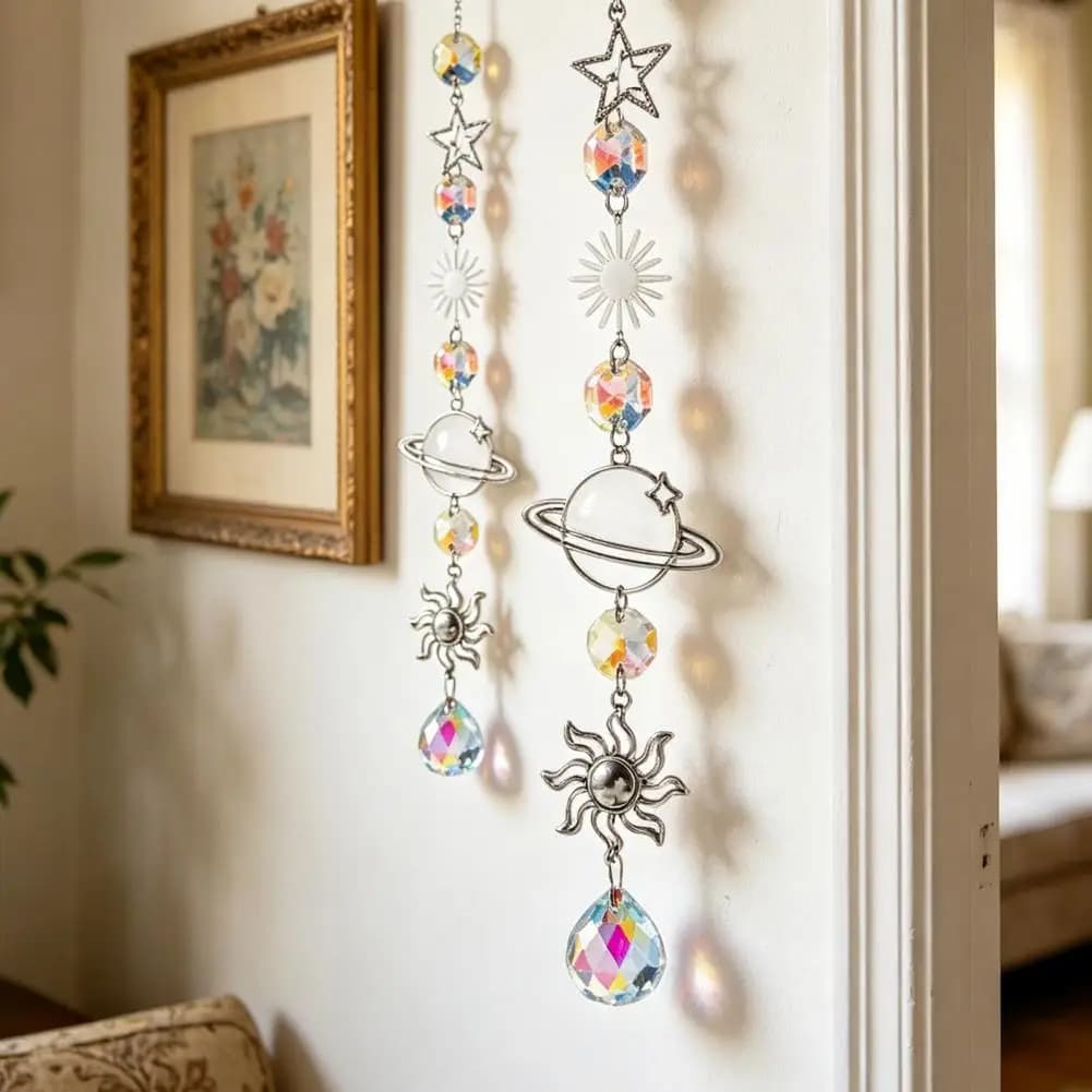 Patio Hanging Decoration Metal Wind Chime Silver Wind Chime Suncatcher Star Moon Sun Hanging Ornament Light Catcher for Window