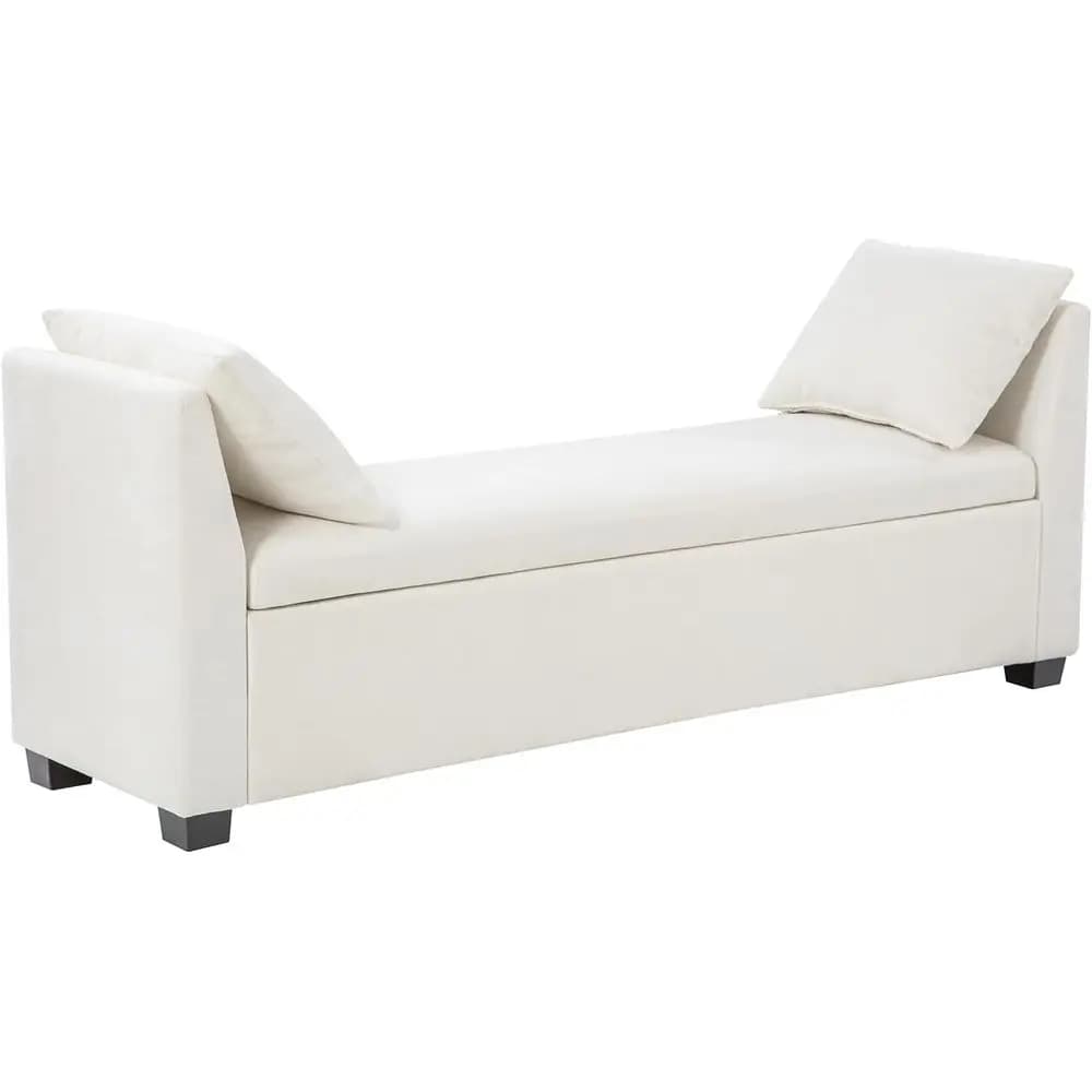 60 Ivory Upholstered Storage Ottoman Bench with Pillows, Waterproof Bedroom Entryway Furniture