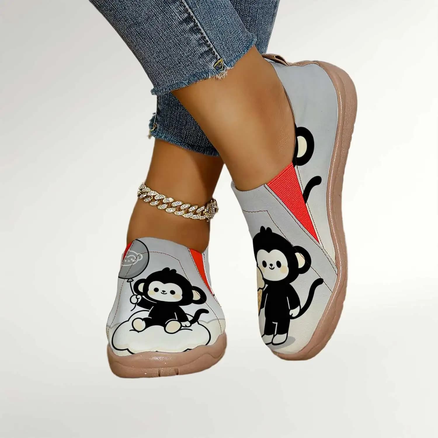 Scarpe slip-on da donna con stampa simpatica scimmia, ballerine comode con punta larga, mocassini in tela leggeri e traspiranti