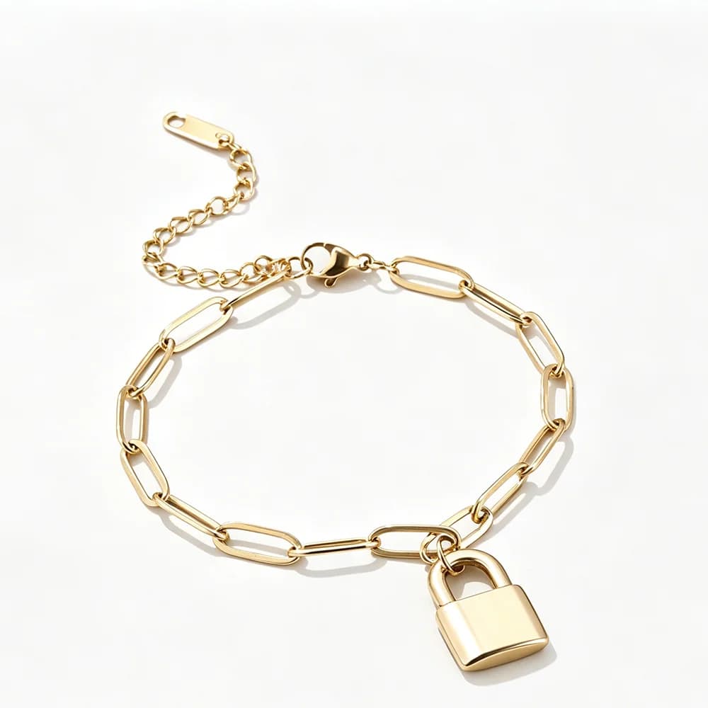 Elegante Bracciale con Charm a Forma di Lucchetto, Bracciale in Acciaio Inossidabile Placcato Oro per Donne, Gioiello Impermeabile di Tendenza