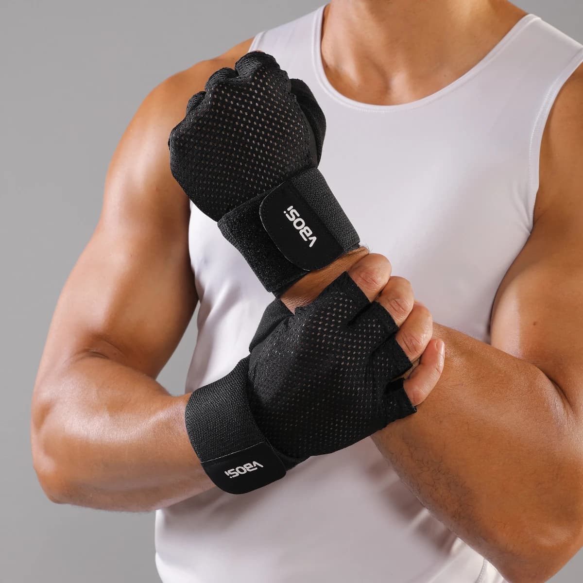 VBOSi Breathable half finger sports gloves with adjustable wrist straps, gym gloves and anti-slip cycling for men and women