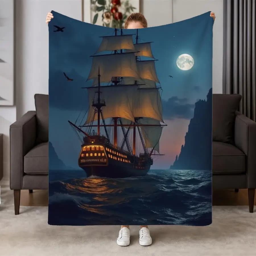 Majestic Moonlit Ship Flannel Throw Blanket - Soft & Warm Sailing Vessel Design with Starry Ocean Views, Ideal for Couch, Bed, Office & Travel, Perfect Vintage-Style Gift for Family & Friends, Machine Washable 2D Flat Weighted Blanket 280GS