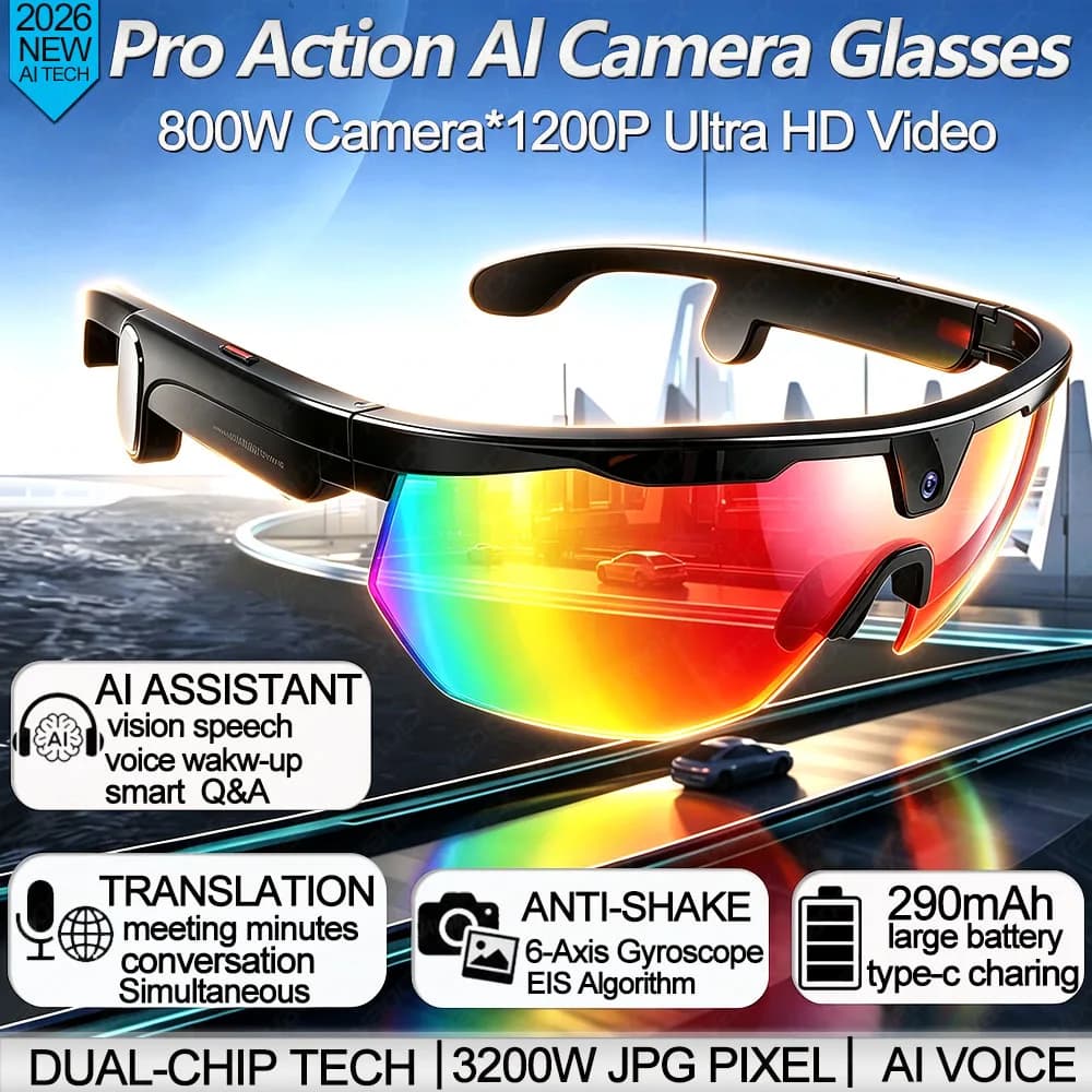 Nuovi Occhiali Intelligenti con ChatGPT, Fotocamera 1200P 8MP Anti-vibrazione, Video e Foto per Ciclismo, Doppio Microfono, 4GB, IP66 Impermeabili, Occhiali da Sole Sportivi