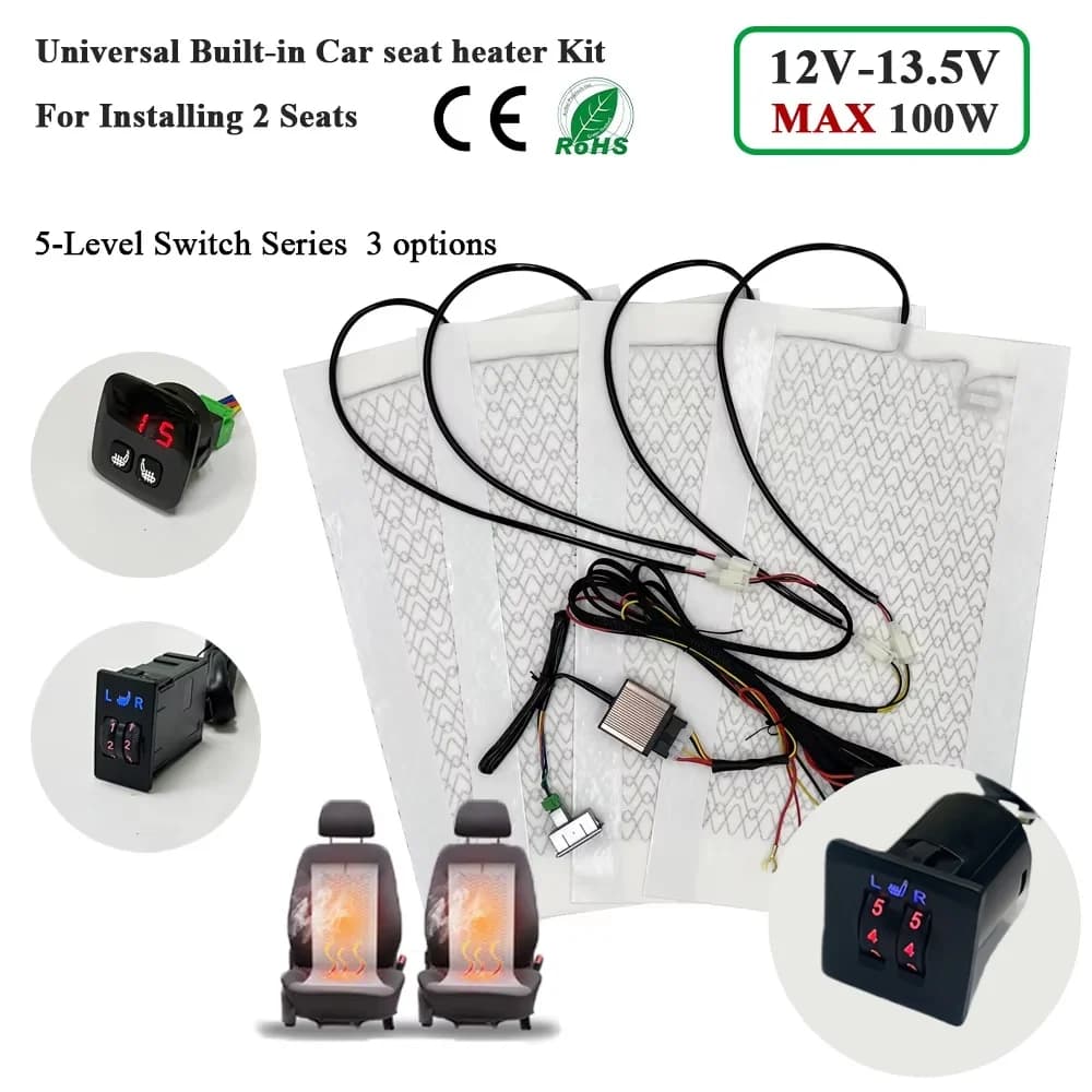 Kit Riscaldante Universale per Sedili Auto 100W, Adatto per 2 Sedili 48x28cm, Cuscinetti Riscaldanti in Fibra di Carbonio 12V, Sistema di Controllo a 5 Livelli