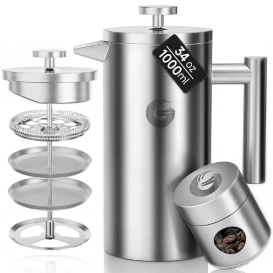 Caffettiera French Press in Acciaio Inossidabile Grado 304, 1 Litro, Teiera a Doppia Parete Isolata con Sistema di Filtrazione a 4 Livelli, Include Tazza