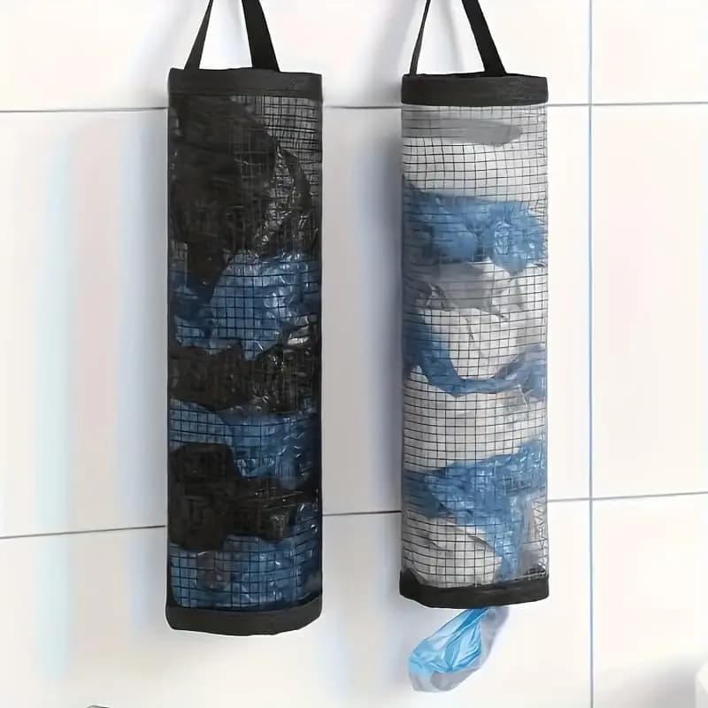 Contenitore a Muro con Cordoncino per Sacchetti di Riciclo, Organizzatore per Sacchetti di Plastica, Dispenser in Rete PET per Conservazione Sacchetti della Spesa (Nero)