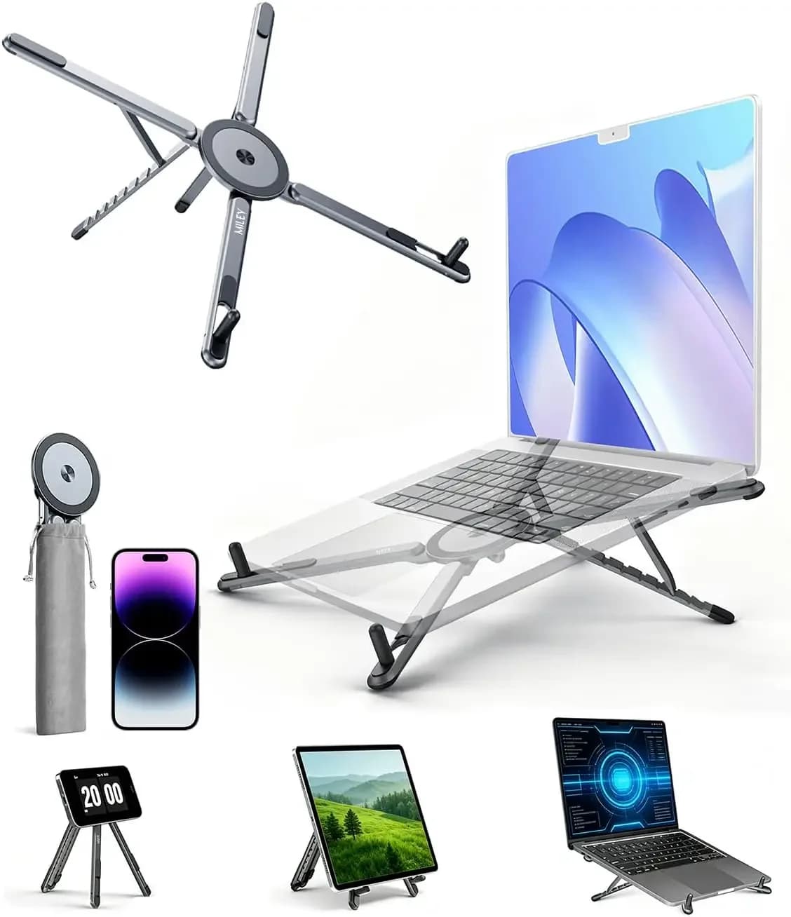 Supporto pieghevole per laptop, altezza ergonomica a 8 livelli, per laptop da 13-17 pollici, alluminio, portatile con borsa
