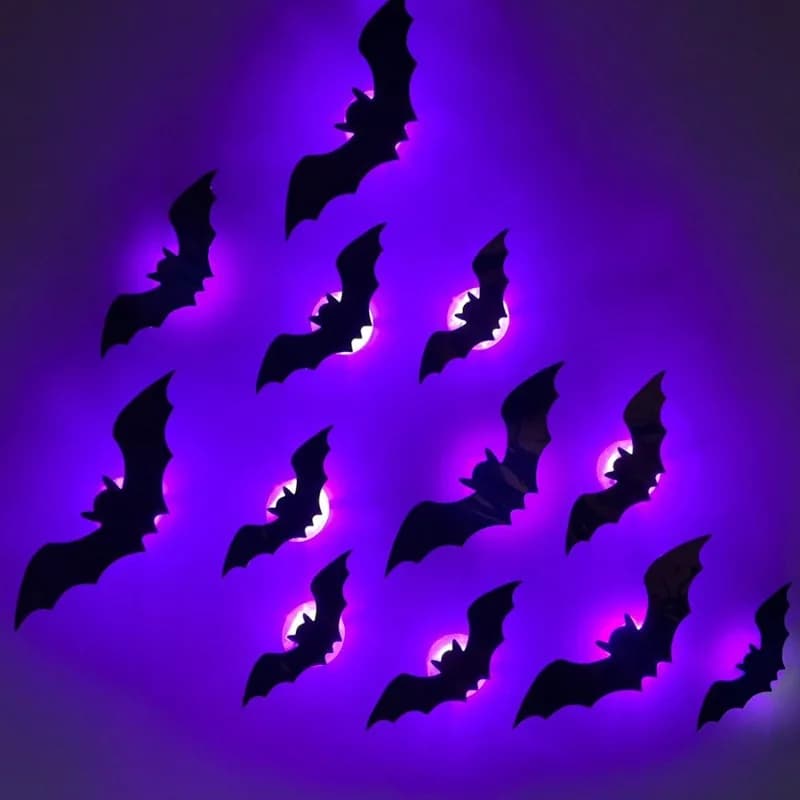 12/21/24pcs Halloween New Glowing Bat PET Stereoscopic Bat Spider Festival Party Decoration LED Night Light Wall Decoration