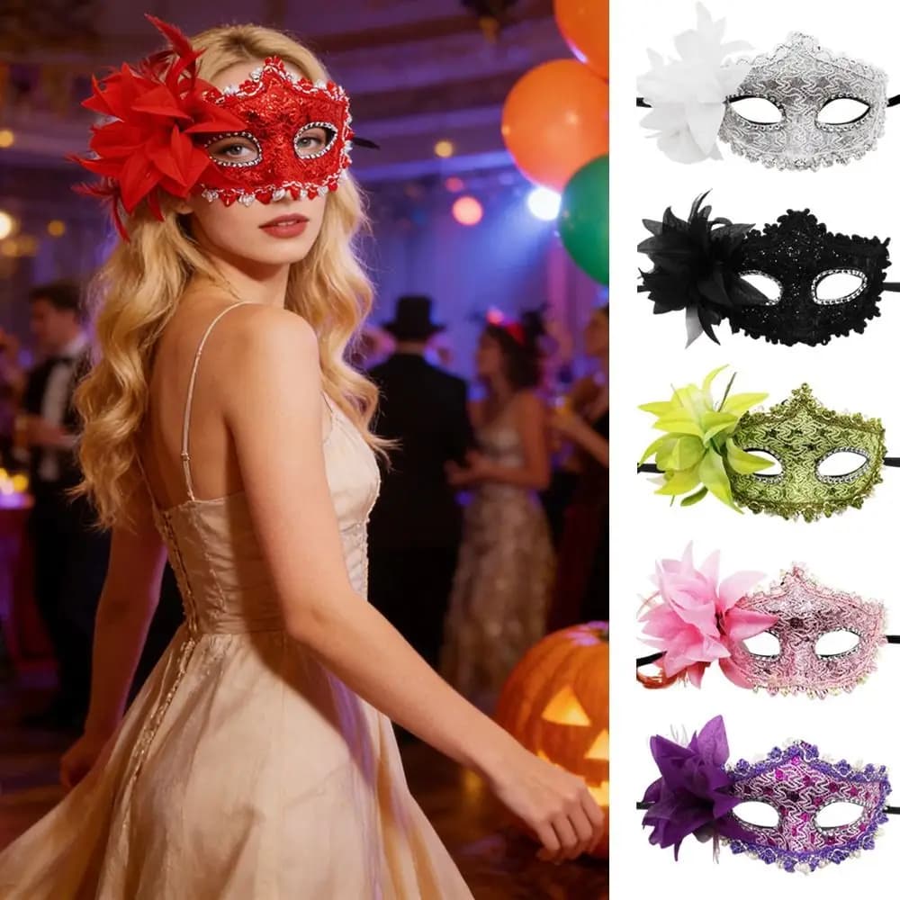 Fashion Venetian Party Masquerade Mask Carnival Party Lace Half Face Mask Side Flower Mardi Gras Mask Party Makeup Ball