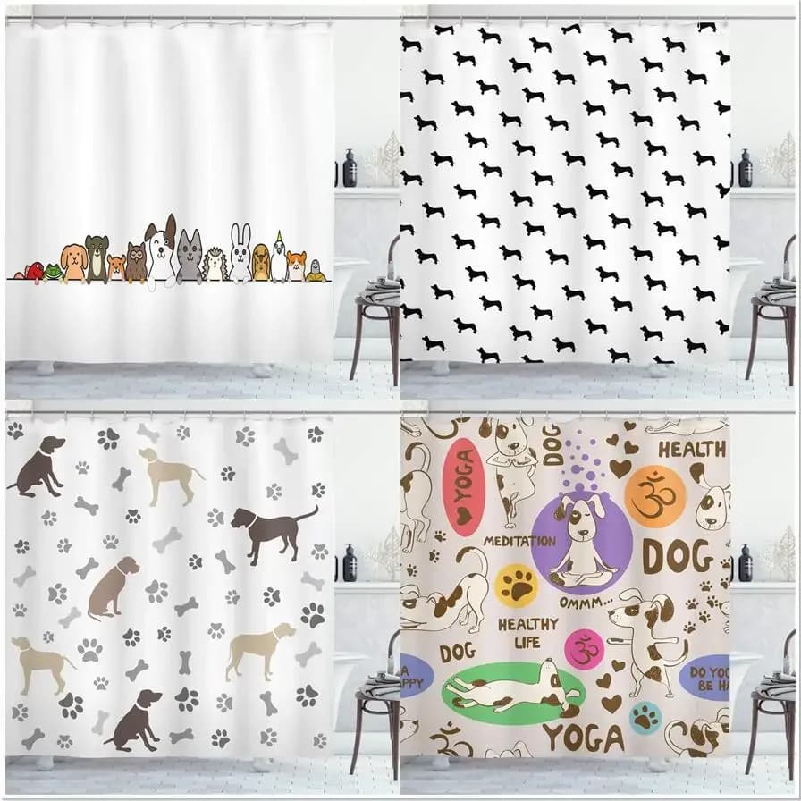 Divertenti tende da doccia per cani Simpatico cartone animato con zampa di animale Stampa Ossa Decorazioni per il bagno per bambini Tessuto in poliestere con ganci Schermo per vasca da bagno