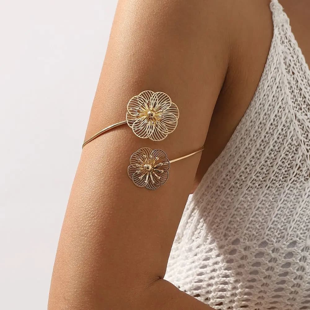 Hollow Flower Armband Arm Chain Line Weave Alloy Opening Cuff Bracelets Women Jewelry Body Chain Circle Upper Arm Bracelet Girls
