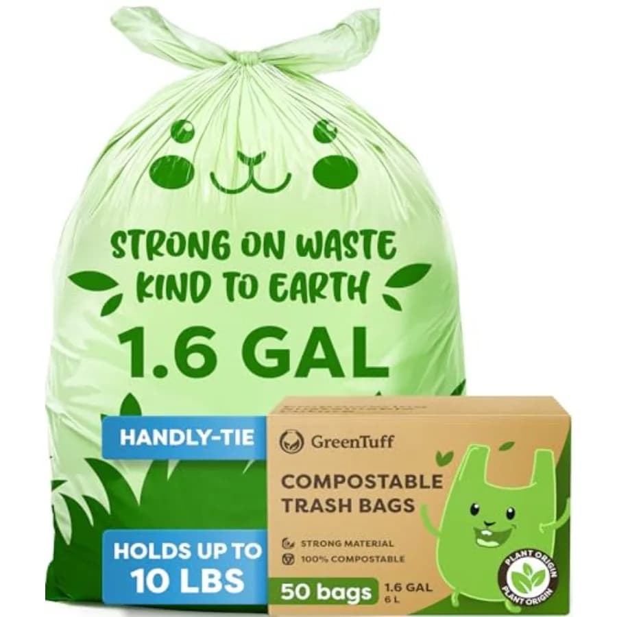 Compostable Trash Bags for Bathroom 50 Count — Small Food Scrap and Bathroom Bin Liners — Thick 0.7 Mil Leak-Resistant Plant-Ba
