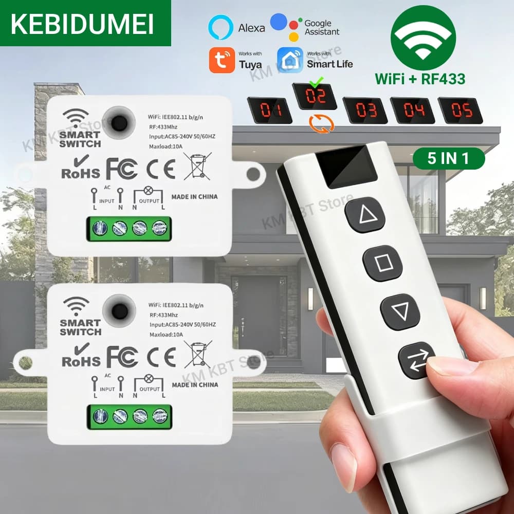 Interruttore per Tende KEBIDUMEI Tuya WiFi RF433, Modulo di Controllo per Tapparelle Elettriche 5-in-1, Compatibile con Alexa e Google Home