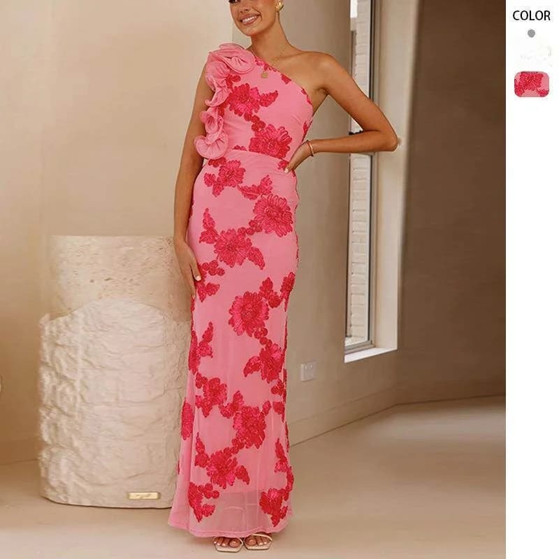 Abito Aderente Senza Spalline con Decorazioni Floreali, Colletto Asimmetrico e Rilievo 3D, Nuova Moda Estiva per Donna