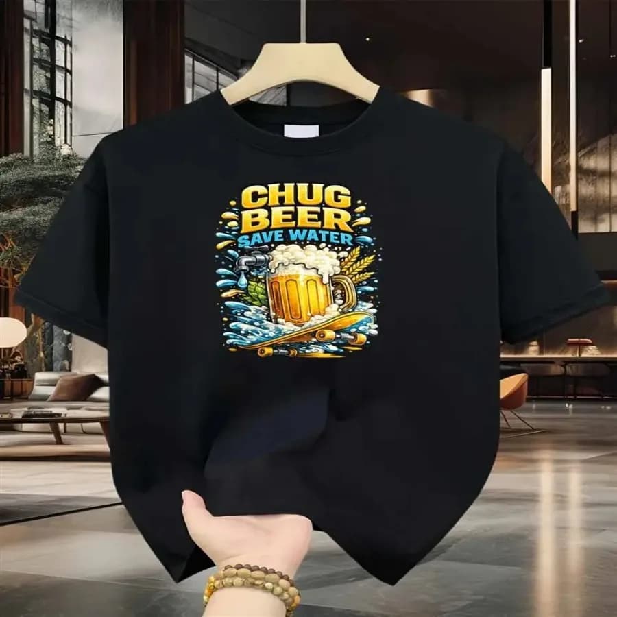 T-shirt in cotone da uomo Beer Skateboard con stampa di tazze e motivi a tema birra e acqua, in puro cotone, stampa premium, resistente, casual e alla moda