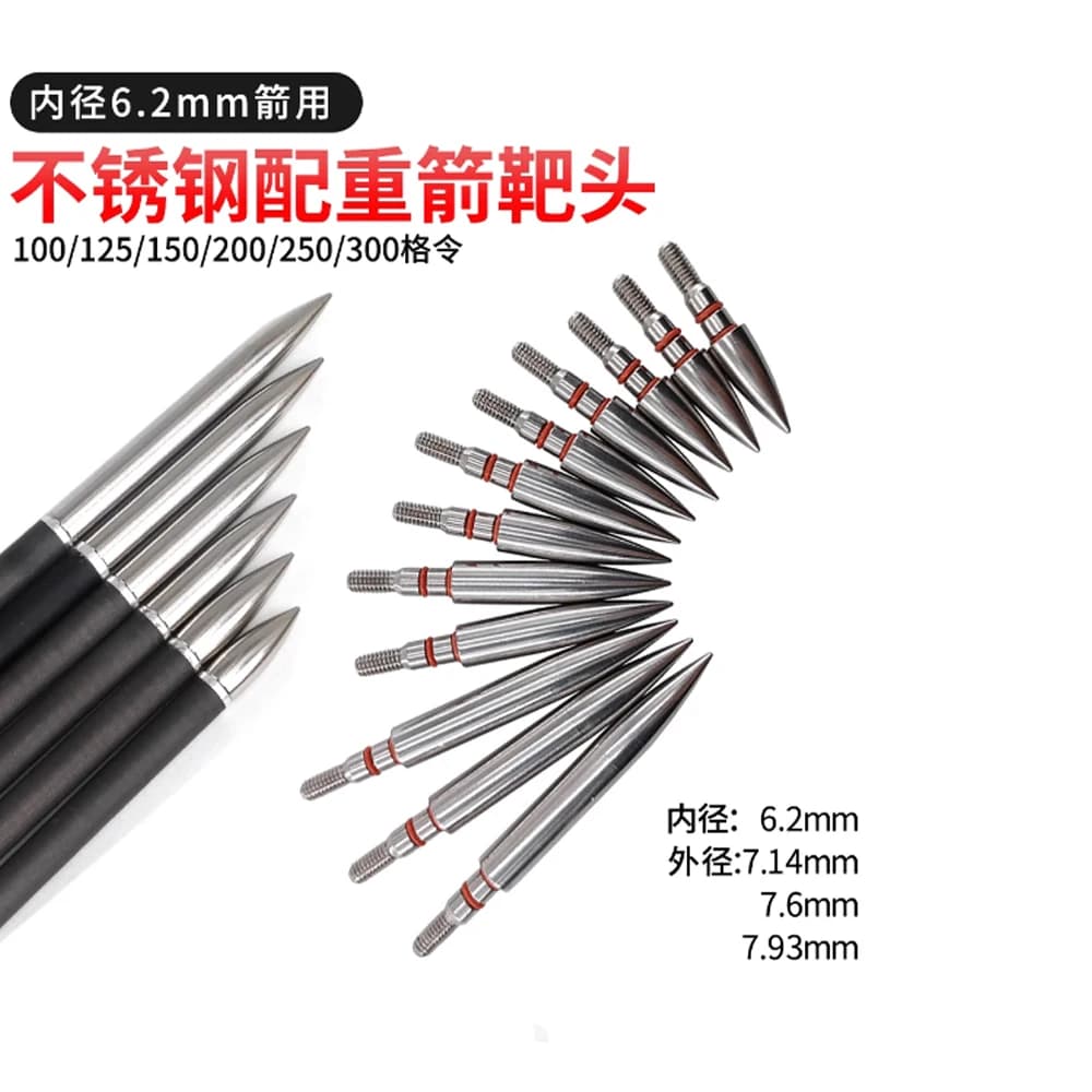 12/24pc Tiro con l'arco Punta in acciaio inossidabile Punta 100/125/150/200/250/300grana OD7.14/7.54/7.93mm Freccia Albero Vite Filettatura Punta di freccia