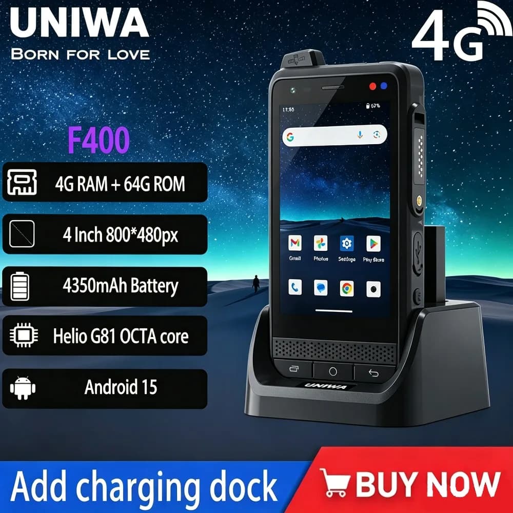 UNIWA F400 PDA Robusto 4G con Rete Globale, Walkie-Talkie Zello, Telefono Android 15, Batteria Rimovibile 4350mAh, NFC, Display 4.0”, Dock di Ricarica Incluso