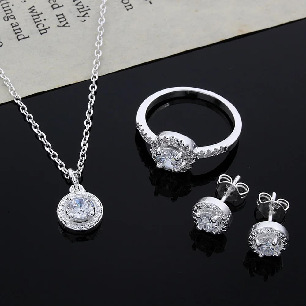 Set di gioielli in argento sterling 925 carino solido regalo di Natale nobile moda elegante donna cristallo lucido CZ collana orecchino anello set di gioielli
