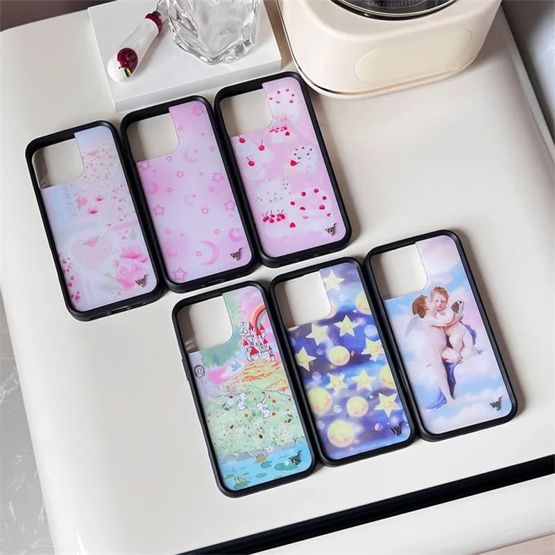 Custodia per telefono con logo in metallo Wildflower 3D WF per iPhone 17 16 15 14 13 12 Pro Max Plus Angel Boy Pink Moon Star Cover posteriore