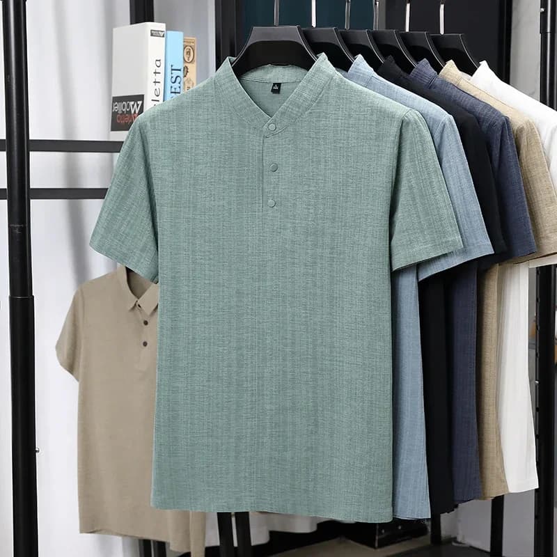 Camicie da uomo a maniche corte con colletto alla coreana e mezza abbottonatura, in lino testurizzato, casual, resistenti alle pieghe, traspiranti, per l'estate
