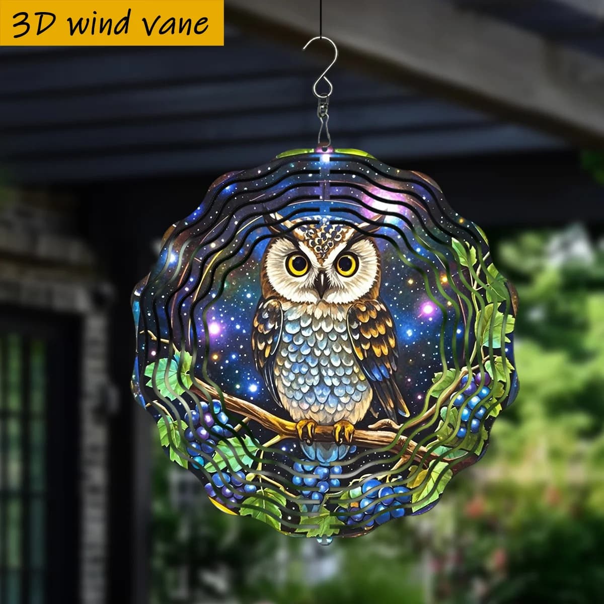 Owl on Starry Branch Metal Wind Chime - Double-Sided Rotating Hook, 360° Creative Design, Iron Material, Ideal for LawnDecor 3D