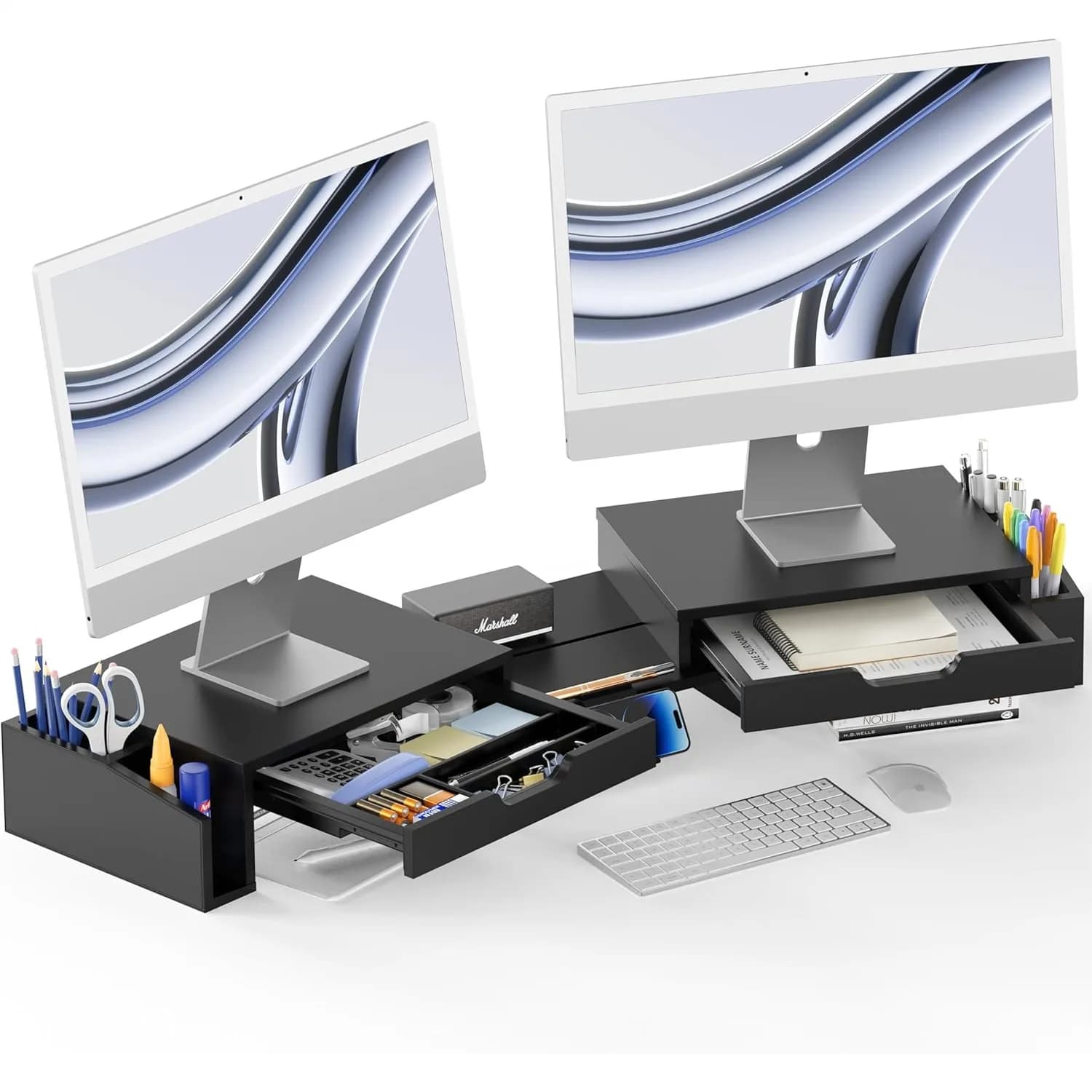 Supporto per Doppio Monitor con Cassetti Estraibili, Porta Telefono Regolabile, Nero