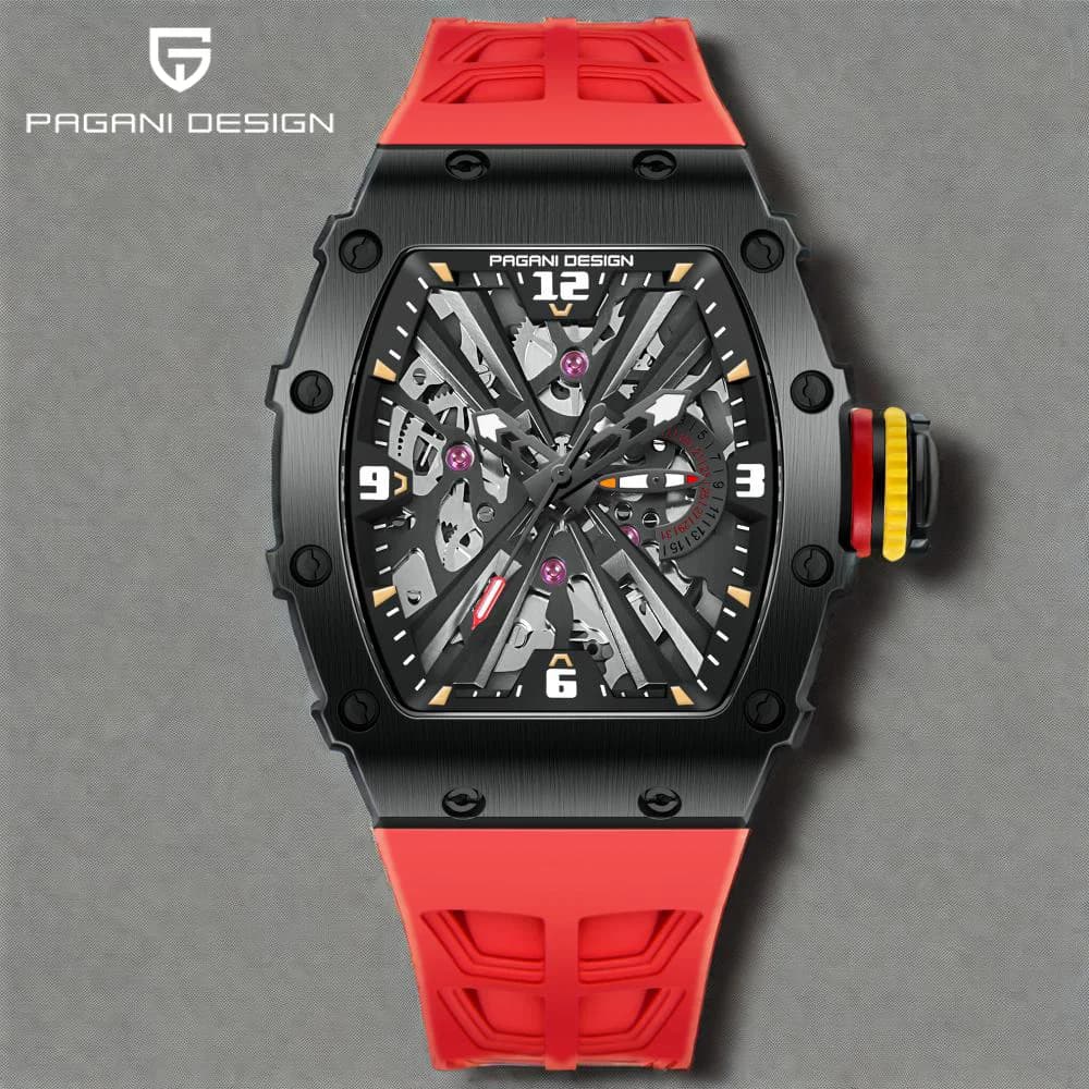 PAGANI DESIGN 42MM Quartz watches Black Case Movement VH65 Skeleton Dial Sapphire Stainless Steel Waterproof Watch 50M PD1738