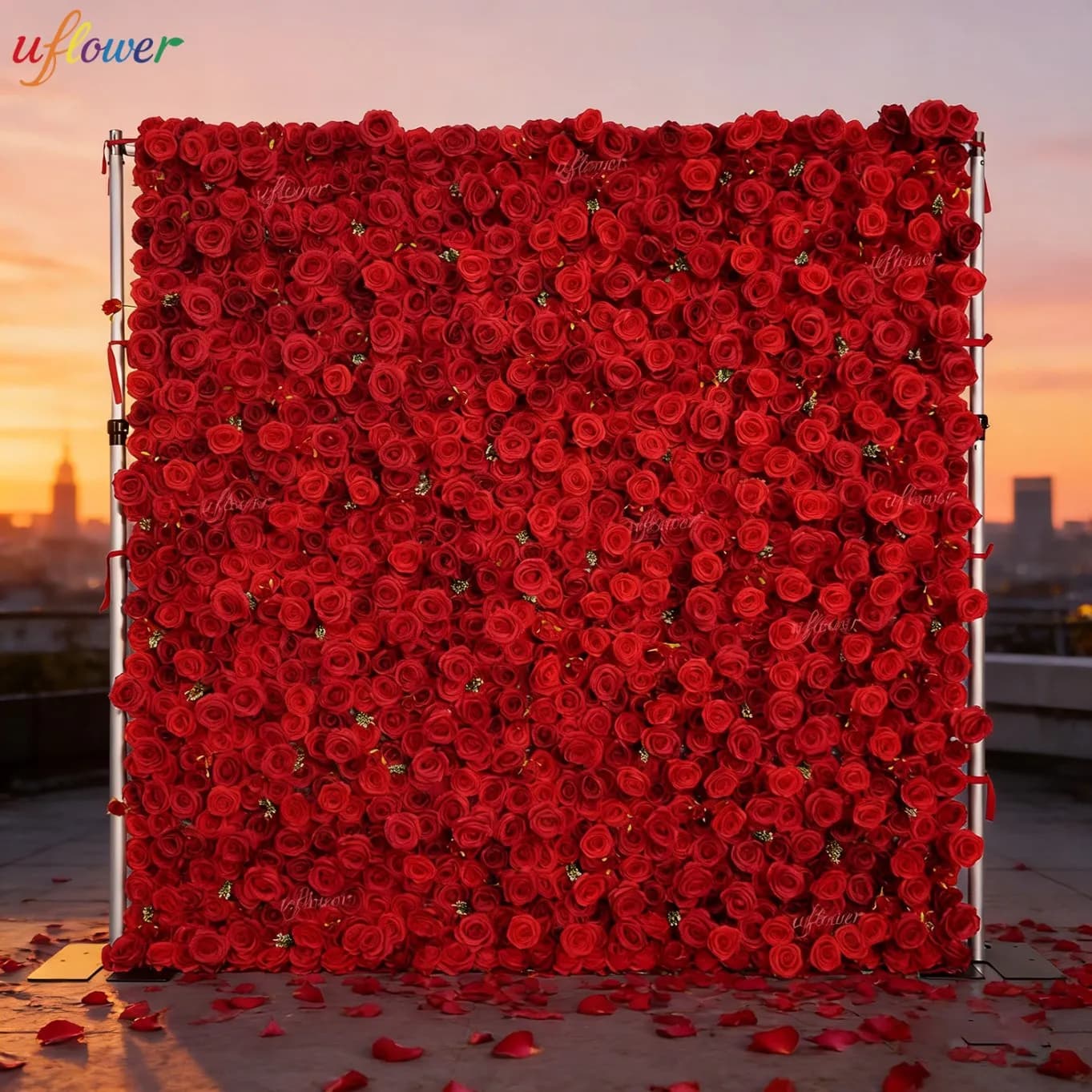Uflower Red Rose Artificial Flower Wall Burgundy Fabric Roll up Floral Wall Wedding Curtain Backdrop Decor Party Event Props