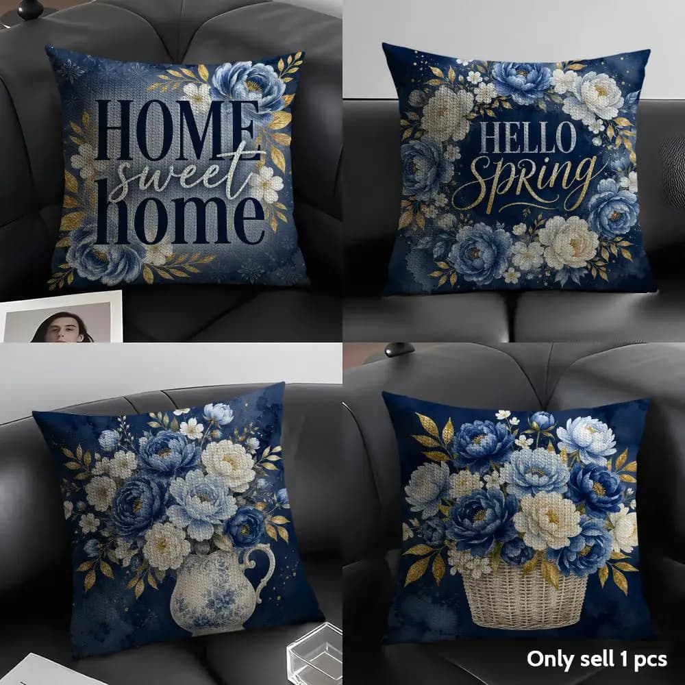 Spring Floral Navy Blue Cushion Cover Natural Linen Organic Fabric Double Sided Print Sofa Pillow Case Home Decor Gift