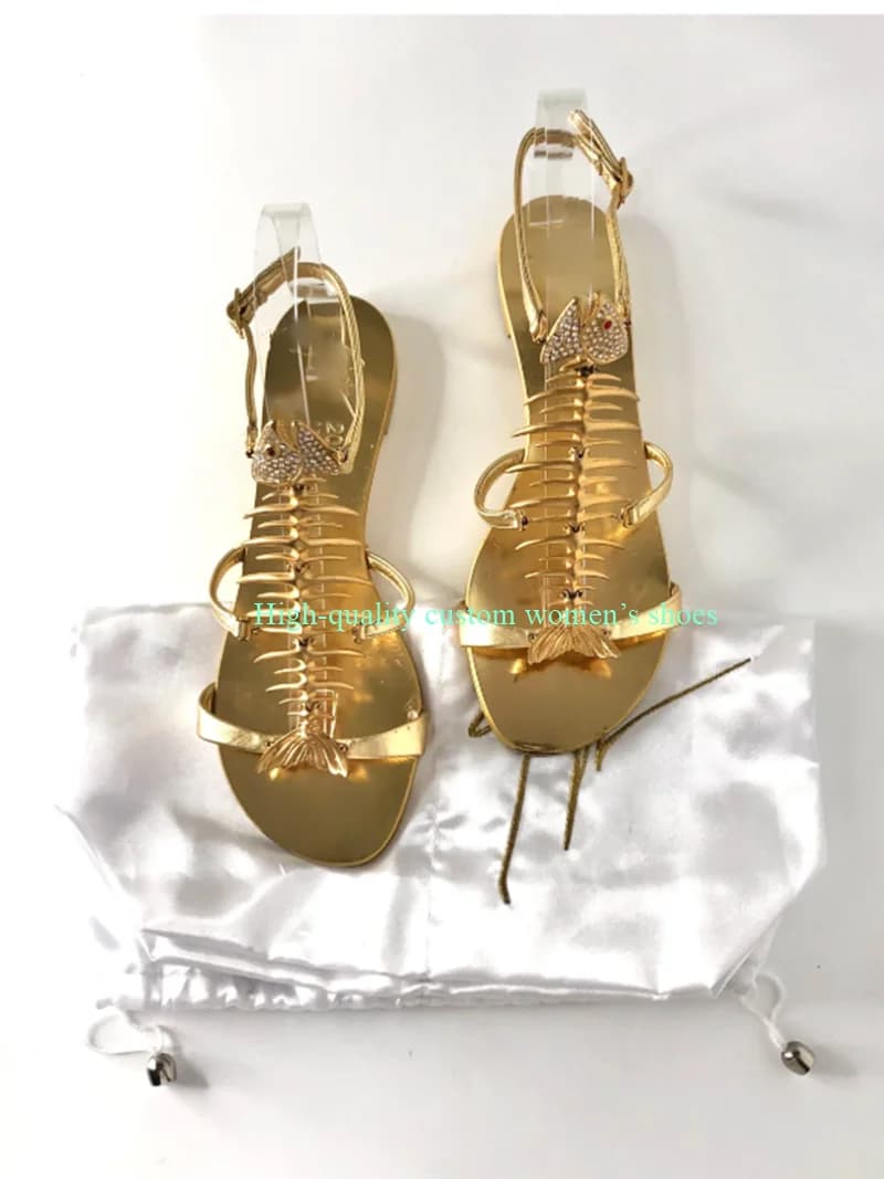 Golden Round Head Open Toes Fishbone Accessories Decoration Flat Summer Sandals Ankle Buckle banquet Luxury Sandals