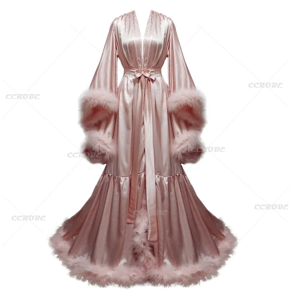 Bathrobe for Women Sleeves Waxed Wedding Dress in Feather Night Shirt illusion silk long scarf wedding dress photo dress