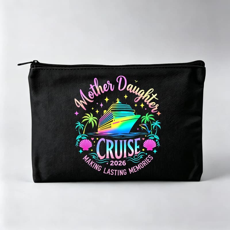 Mother Daughter Vacation Themed Makeup Bag with Cruise Ship Graphic, Travel Cosmetic Pouch for Trip