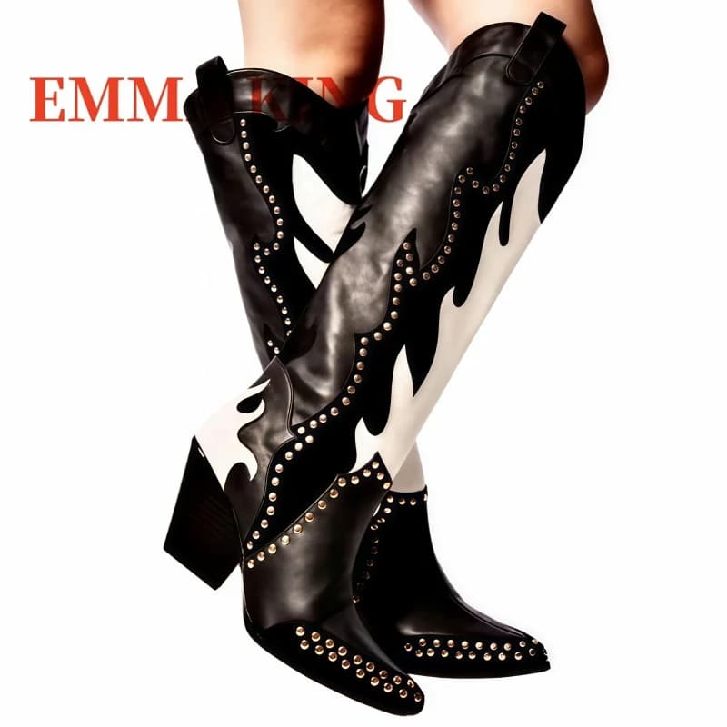 Cowboy boots with studs cowgirl boots with wide calf Boots with wide heel Detail with studs Boots western color block Fashionable heels 35-44
