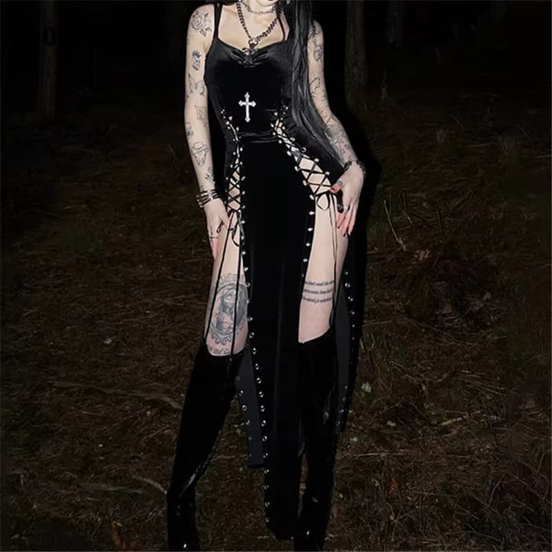 Abito Gotico Punk Grunge con Spacco Alto e Spalline, Stile Anni '90, Abito Sexy in Velluto con Fascia, Abbigliamento Gotico da Centro Commerciale