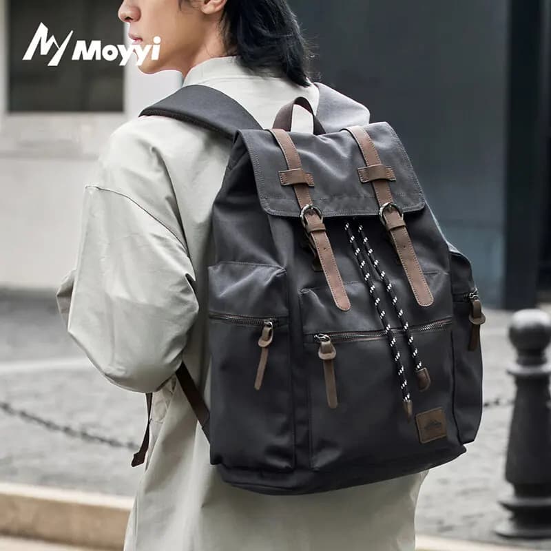 MOYYI 27L Large Flap Backpack For Men Drawstring Multi Pockets Canvas 17.3 Inch Laptop Compartment Travel Bag For Hiking