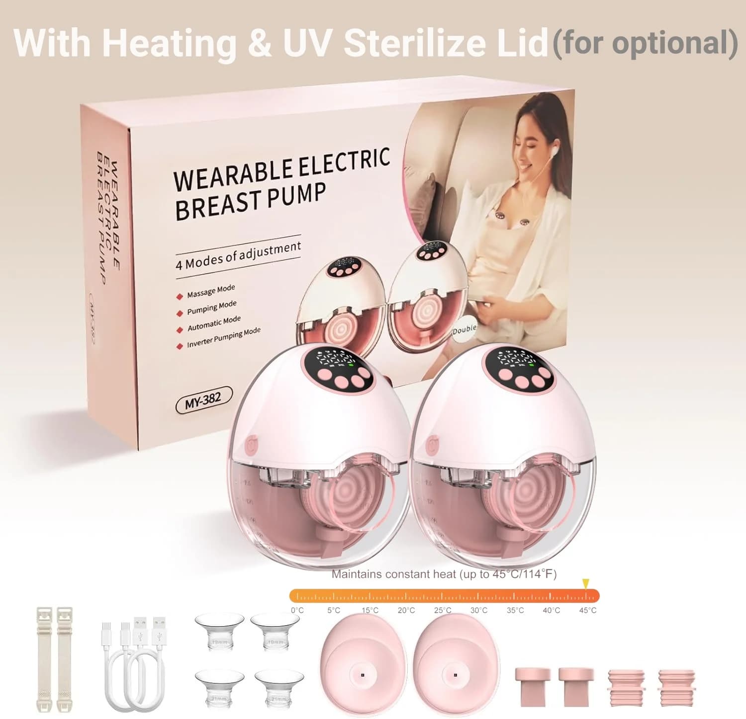 Tiralatte indossabile a mani libere: elettrico, senza BPA, con riscaldamento ed sterilizzatore UV | Opzione di aggiornamento wireless