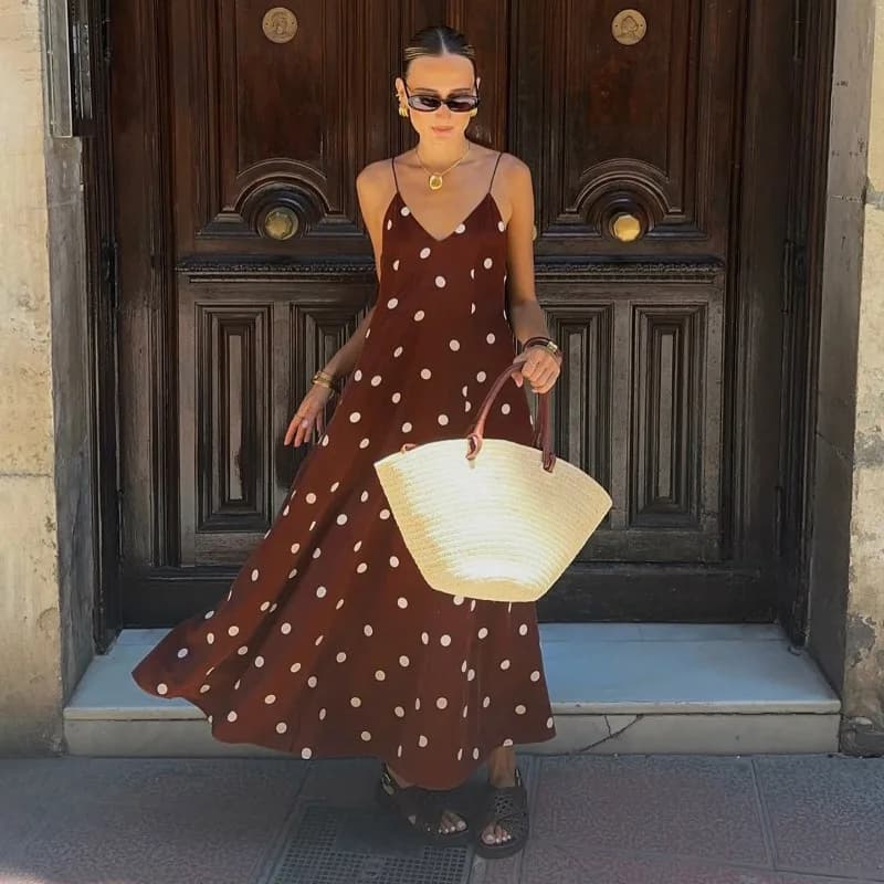Tsiisd Abito lungo estivo da donna a pois con scollo a V e schiena scoperta, ideale per vacanze al mare, viaggi e streetwear - Nuovi abiti casual da donna