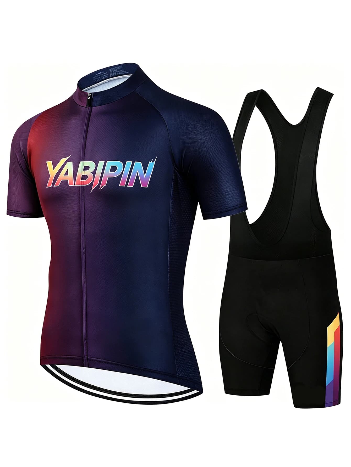 Set da ciclismo con pantaloncini con bretelle a maniche corte da uomo, colletto alto con zip integrale e stampa di lettere, tuta da ciclismo traspirante ad asciugatura rapida in 2 pezzi