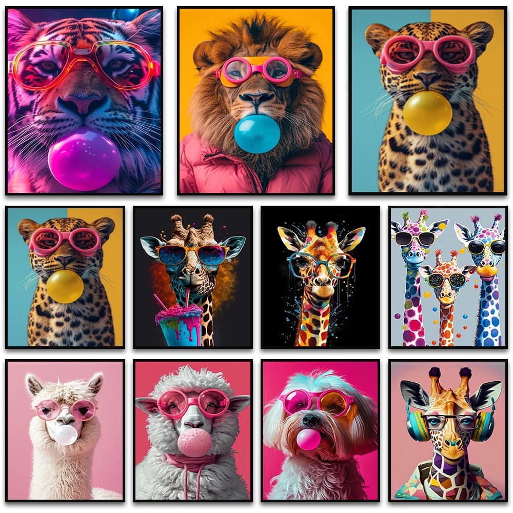 Funny Color Animal Bubble Posters Canvas Painting Prints Cute Giraffe Tiger Sheep with Glasses Wall Art for Home Cafe Bar Decor
